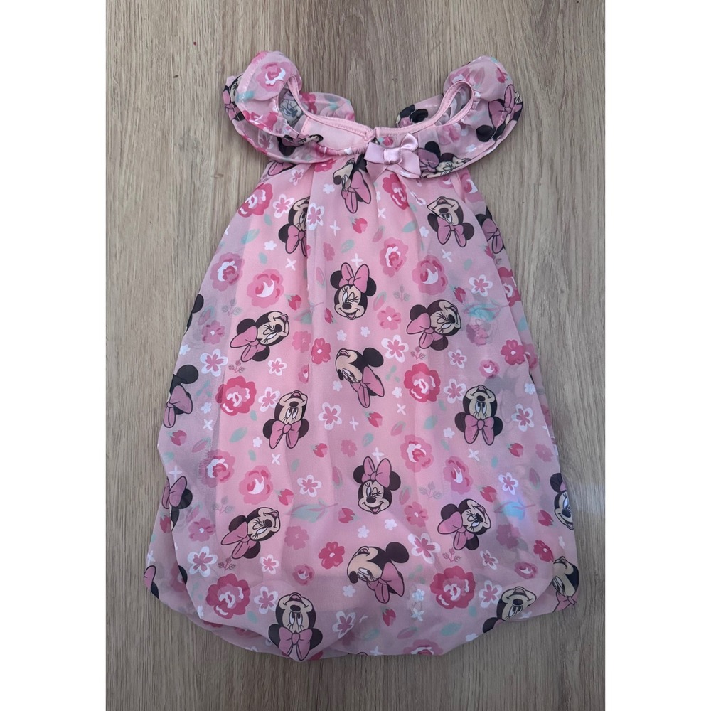Disney Baby Minnie Mouse Pink Floral Chiffon Bubble Dress Ruffle Neck Kids